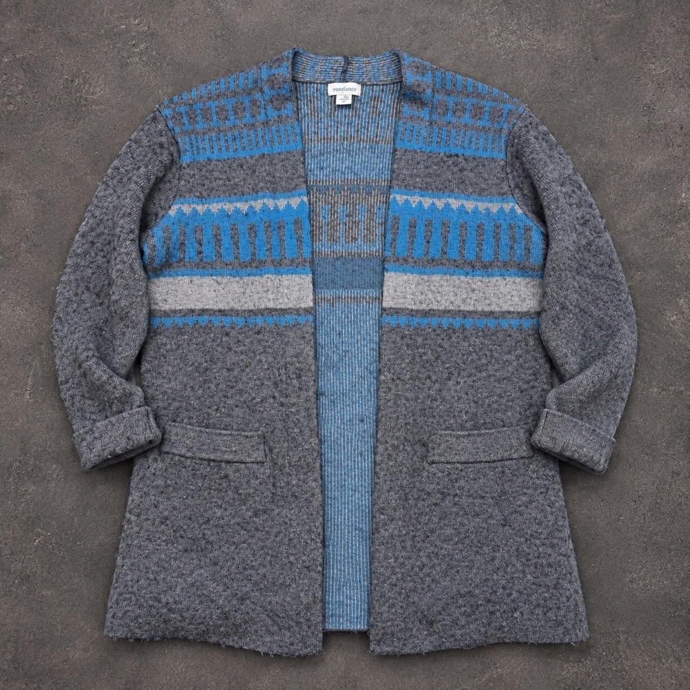 Sundance Wool Cashmere blend Fair Isle Long Cardigan Sweater Small Blue Gray